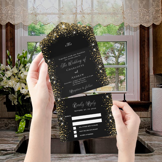 Black gold glitter script wedding all in one invitation (Creator Uploaded)