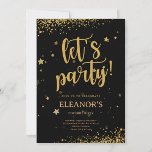 Black Gold Glitter Shiny Let's Party Birthday Invitation