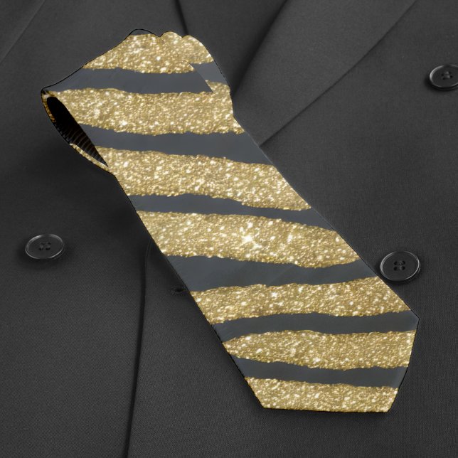 Black & Gold Glitter Shiny Zebra Tiger Stripe  Tie (Black & Gold Glitter Shiny Zebra Tiger Stripe Neck Tie)