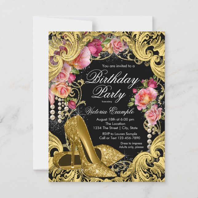 Black Gold Glitter Shoes Birthday Party Invitation (Front)