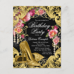 Black Gold Glitter Shoes Birthday Party Invitation