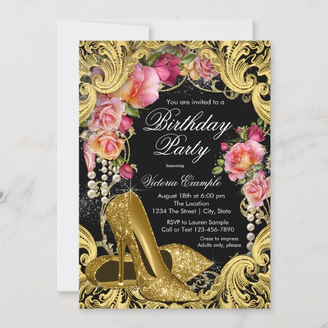 Black Gold Glitter Shoes Birthday Party Invitation (Front)