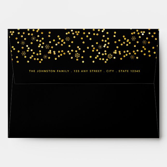 Black gold glitter snowflake dots custom address envelope (Back (Top Flap))