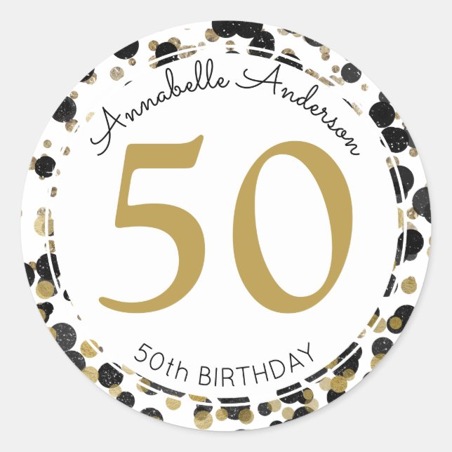Black Gold Glitter Sparkle Confetti Dots Birthday Classic Round Sticker (Front)