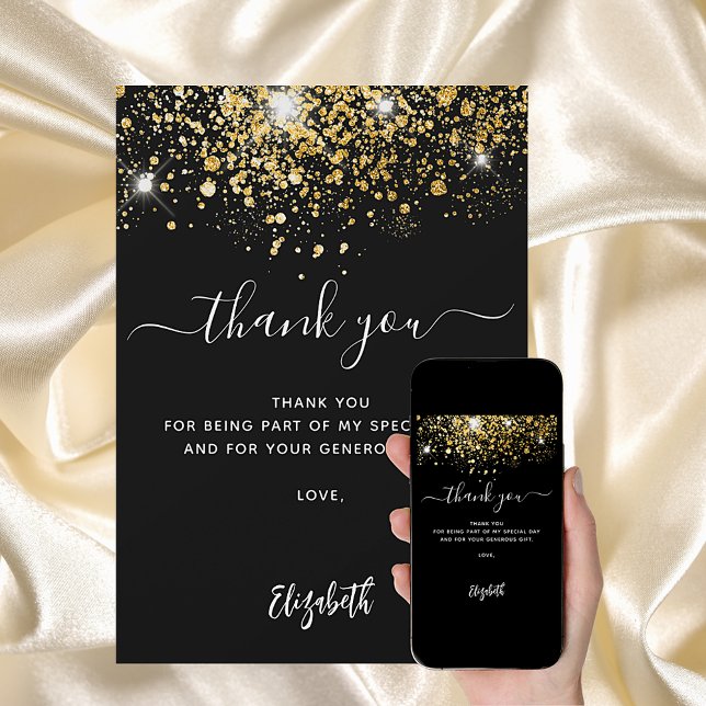 Black gold glitter sparkles script thank you card (Creator Uploaded)