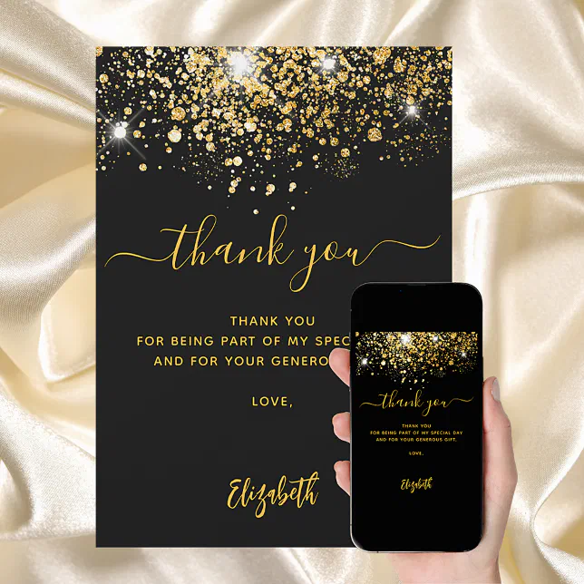 Black gold glitter sparkles thank you card | Zazzle