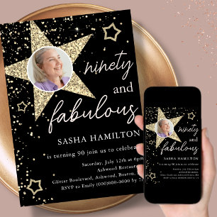 Black & Gold Glitter Star 90th Birthday  Invitation