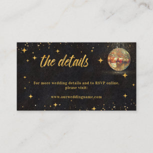 Black Gold Glitter Star Disco Ball Wedding Details Enclosure Card