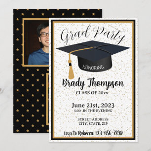 Black & Gold Glitter & Stars  2 Photo Grad Party Invitation