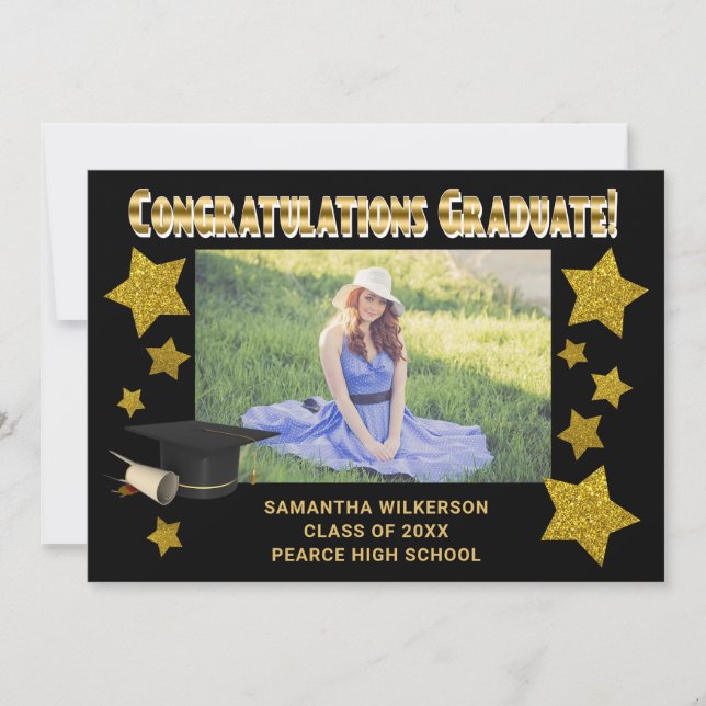 Black & Gold Glitter Stars Congrats Graduate Announcement (Front)