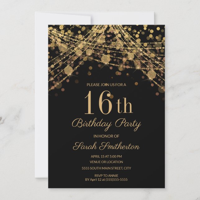Black Gold Glitter String Lights 16th Birthday Invitation (Front)