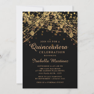 Black Gold Glitter String Lights Quinceañera Invitation