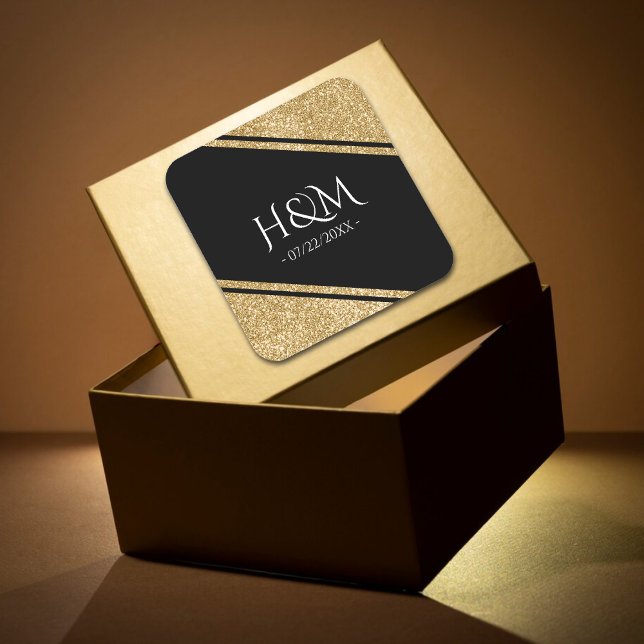 Black & Gold Glitter Stripe Wedding Favour Square Sticker (Black & Gold Glitter Stripe Wedding Favor Square Sticker)