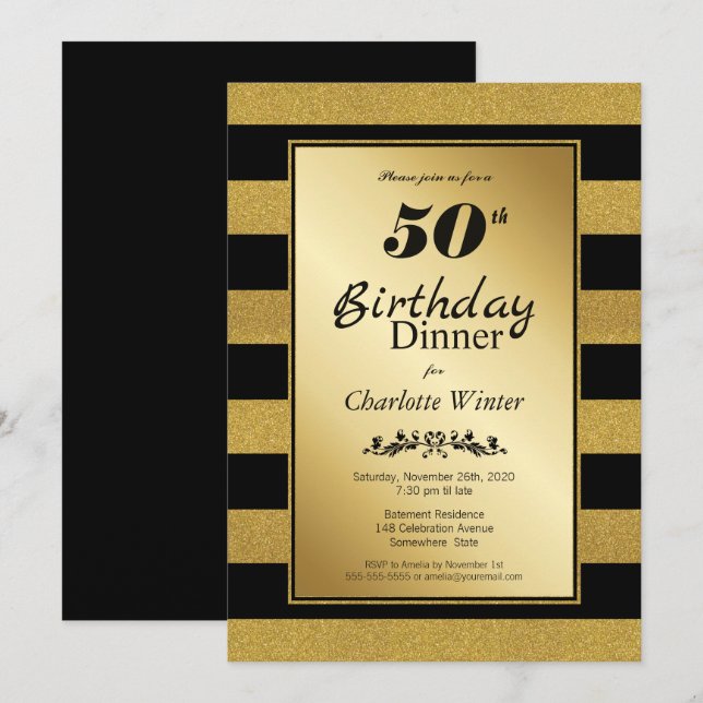 Black & Gold Glitter Striped 50th Birthday Dinner Invitation (Front/Back)