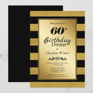 Black & Gold Glitter Striped 60th Birthday Dinner Invitation