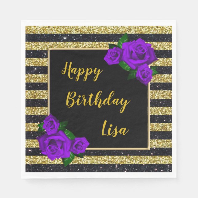 Black Gold Glitter Stripes Purple Roses Birthday Napkin (Front)
