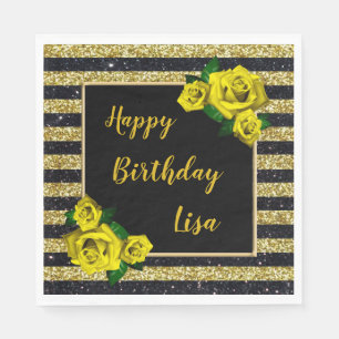 Black Gold Glitter Stripes Yellow Roses Birthday Napkin
