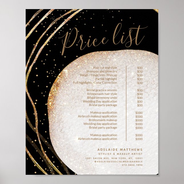 Black Gold Glitter Stylist Salon Price List Menu Poster (Front)