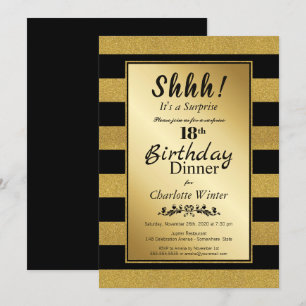 Black & Gold Glitter Surprise 18th Birthday Dinner Invitation