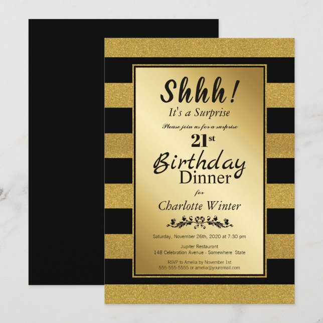 Black & Gold Glitter Surprise 21st Birthday Dinner Invitation (Front/Back)