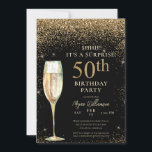 Black Gold Glitter Surprise 50th Birthday Party Invitation<br><div class="desc">This elegant design features a black background,  gold glitter,  champagne glass,  and custom script lettering. What a beautiful way to invite your guests to this special occasion.</div>