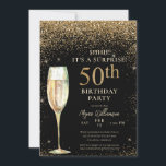 Black Gold Glitter Surprise 50th Birthday Party Invitation<br><div class="desc">This elegant design features a black background,  gold glitter,  champagne glass,  and custom script lettering. What a beautiful way to invite your guests to this special occasion.</div>