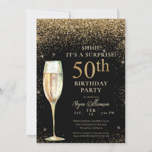 Black Gold Glitter Surprise 50th Birthday Party Invitation