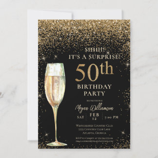 Black Gold Glitter Surprise 50th Birthday Party Invitation