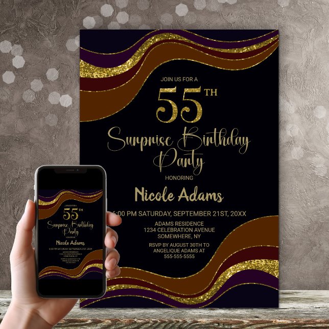 Black Gold Glitter Surprise 55th Birthday Party Invitation (Creator Uploaded)