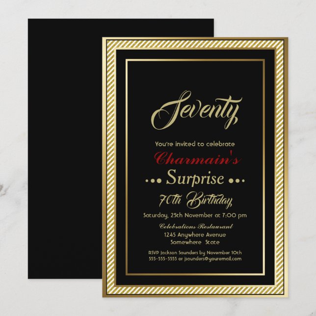 Black Gold Glitter Surprise 70th Birthday Party Invitation (Front/Back)