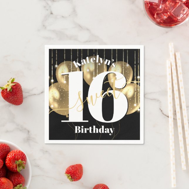Black Gold Glitter Sweet 16 Birthday Balloons Bold Napkin (Insitu)
