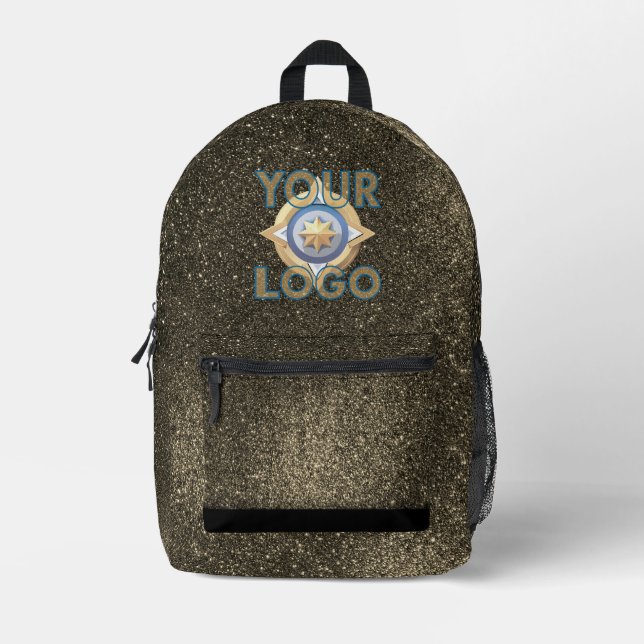 Black Gold Glitter Tech IT Security Business Logo Printed Backpack (Front)