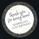 Black Gold Glitter Thank You Birthday Favour Classic Round Sticker<br><div class="desc">Black glitter and gold sparkle personalised thank you favour stickers for a fun and girly birthday party. All text is editable, so they are great for a little girl's 1st 5th, or 8th birthday, or a big girl's 13th 15th sweet 16th, 18th or 21st birthday or graduation. The "thank you...</div>