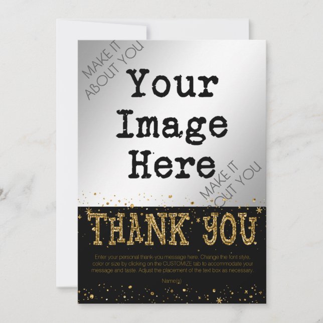 Black & Gold Glitter THANK YOU--hand write on back Thank You Card (Front)