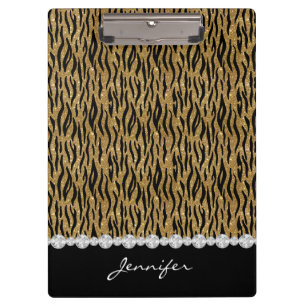 Black & Gold Glitter Tiger Print Diamonds W/Name Clipboard