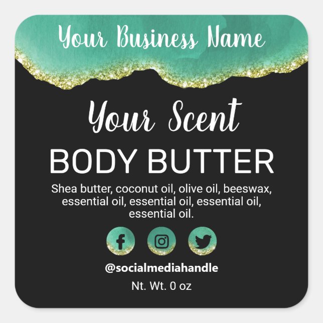 Black Gold Glitter Trim Teal Agate Product Labels (Front)