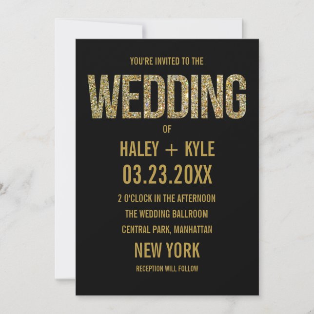 Black & Gold Glitter Typography Wedding Invitation (Front)