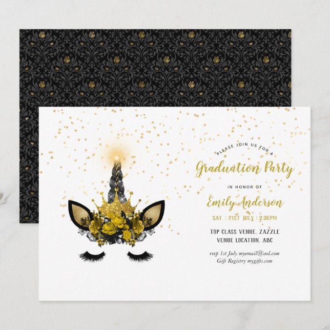 Black Gold Glitter Unicorn GRADUATION Girl Party Invitation (Front/Back)