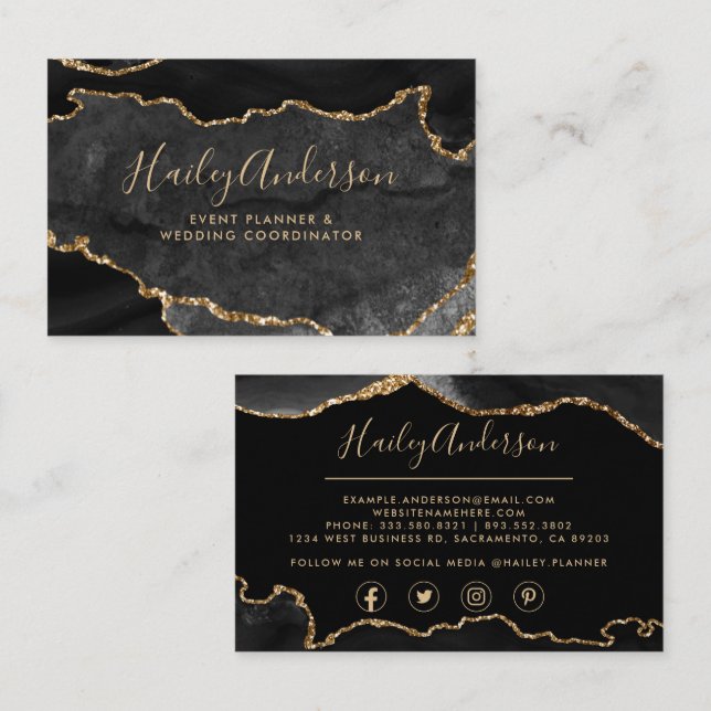 Black & Gold Glitter Watercolor Gilded Agate Business Card (Front/Back)