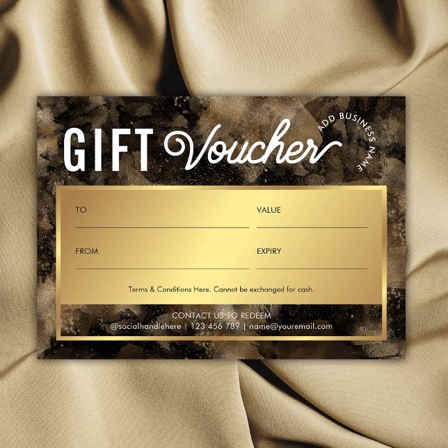 Black Gold Glitter Watercolor Spa Gift Certificate (Elegant faux gold glitter business gift certificate with trendy fonts and space for your details)