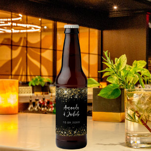 Black gold glitter wedding beer bottle label