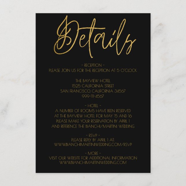 Black & Gold Glitter Wedding Details Enclosure Card (Front)