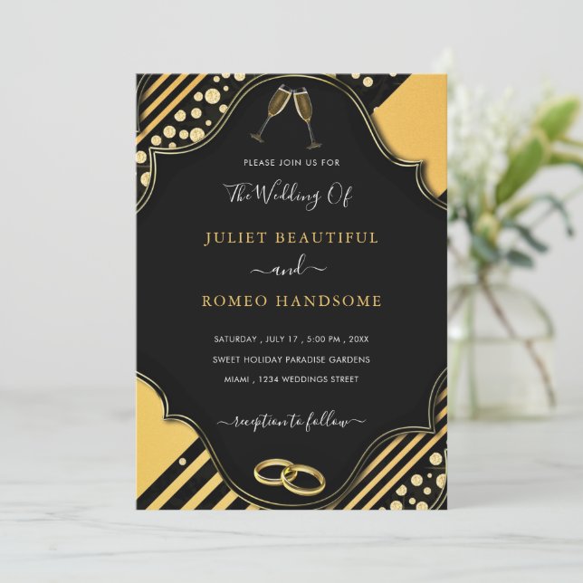 Black Gold Glitter Wedding Invitation Template (Standing Front)