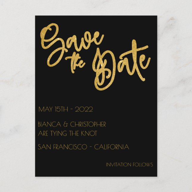 Black & Gold Glitter Wedding Save The Date Postcard (Front)