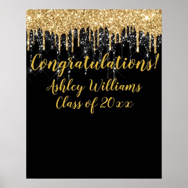 Black Gold Glitter Welcome Graduation Party Photo Poster (Front)