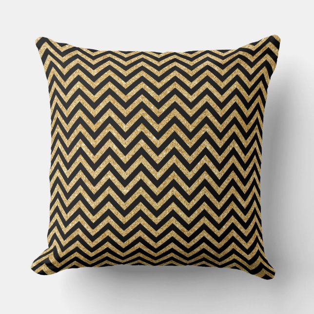 Black Gold Glitter Zigzag Stripes Chevron Pattern Cushion (Front)