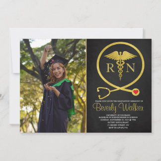 Black & Gold Glitters Nursing School Graduation Invitation