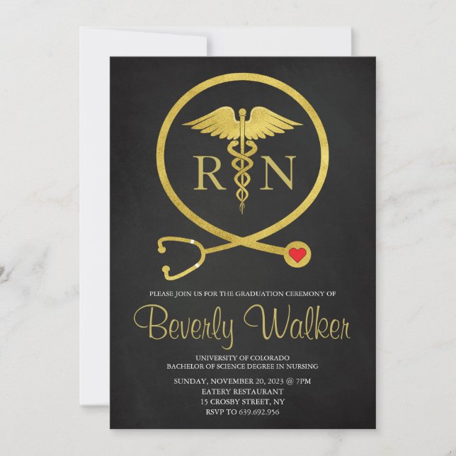Black & Gold Glitters Nursing School Graduation Invitation (Front)