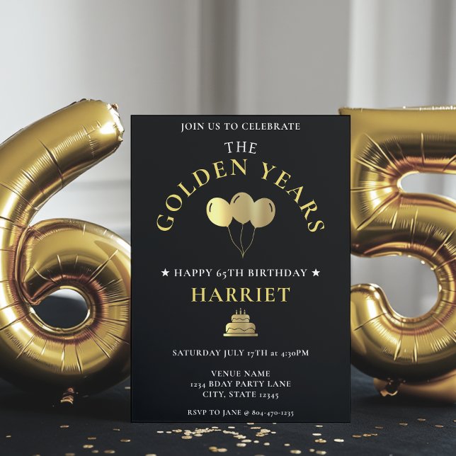 Black & Gold Golden Years 65th Birthday Invitation (Creator Uploaded)