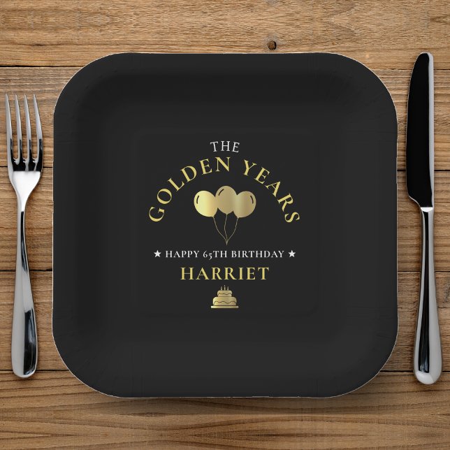 Black & Gold Golden Years 65th Birthday Paper Plate (Black & Gold Golden Years 65th Birthday Paper Plates)